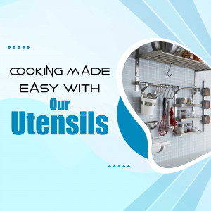 Kitchen utensils organized on a wall with promotional text