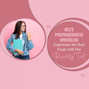 Woman pointing to the side with IELTS preparation text overlay
