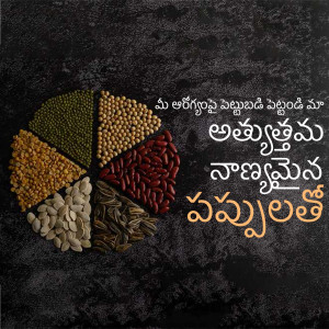 A pie chart made of various pulses and seeds with Telugu text.
