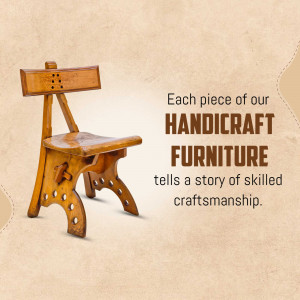 A wooden chair with unique design and text promoting handcrafted furniture.