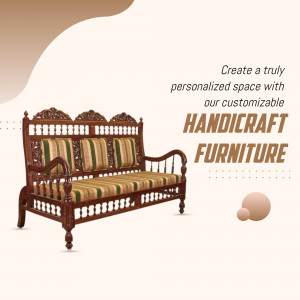 Brown wooden sofa with intricate carvings and striped cushions