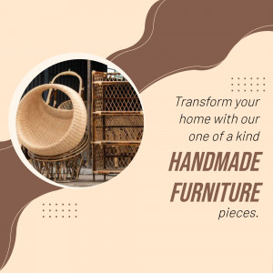 Close-up of a woven rattan chair with a brown and beige color scheme, promoting handmade furniture.