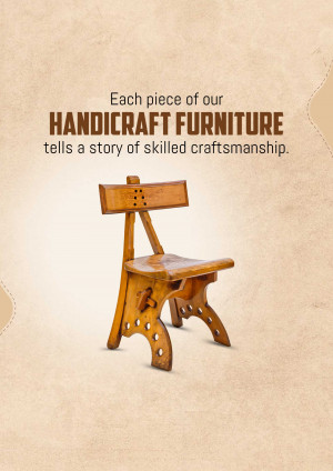 Wooden chair with text overlay 'Each piece of our HANDICRAFT FURNITURE tells a story of skilled craftsmanship.'