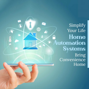 Hand holding a smartphone displaying a smart home automation interface.