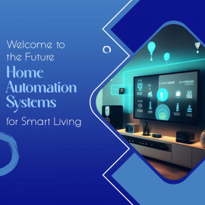 Image of a modern living room showcasing home automation technology with a smart TV and connected devices.