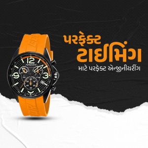 Close-up of a black and orange Perrelet chronograph watch against a dark background.