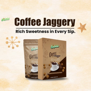 Pack of Sushida Coffee Jaggery with a cup of coffee