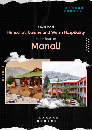 Promotional image for Manali, showcasing local cuisine and hospitality with mountain scenery.