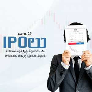 Man holding a tablet displaying IPO information with financial charts in the background.