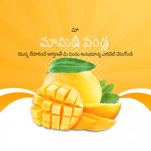 A vibrant image of a mango with sliced pieces and green leaves against a yellow and white background with Telugu text.