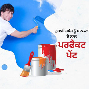 Man painting a wall with paint cans and brushes