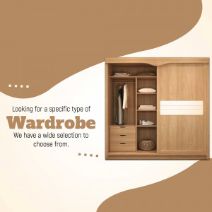 Image of a light brown wooden wardrobe with sliding doors and clothes inside.