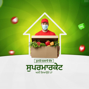 Delivery person delivering fresh vegetables and fruits to a house while wearing a mask.