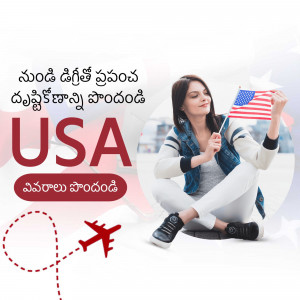 Woman holding a US flag with travel themed background