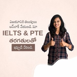 Young woman smiling and giving a thumbs up with IELTS & PTE coaching advertisement in Telugu.