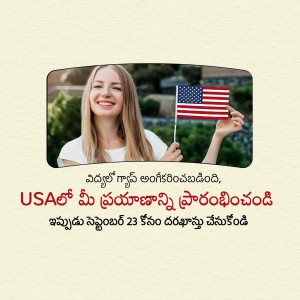 Woman smiling and holding an American flag with text about US visa applications.