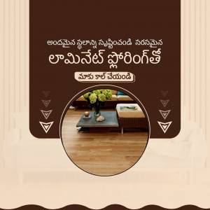 Advertisement for laminate flooring with a living room scene.