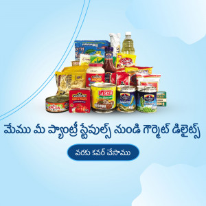 Assortment of grocery items including sauces, oils, canned goods, and packaged foods.