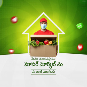 Delivery person with fresh produce in a box, wearing a mask.