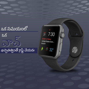 Close-up of a black Apple Watch showing the time and weather information.