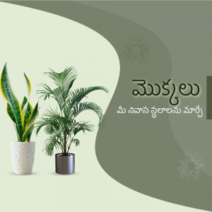 Two potted indoor plants with Telugu script on a gradient background