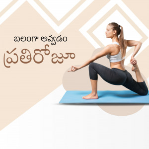 Woman performing a yoga pose on a blue mat with abstract background.