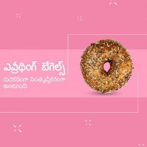 Close-up of an everything bagel with seeds against a pink background.