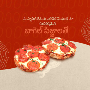 Two small pepperoni pizzas on a light pink surface with a red patterned background.