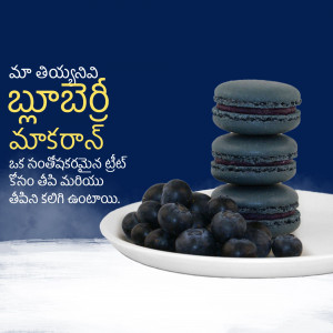 Stack of blueberry macarons with blueberries on a white plate