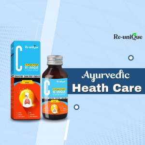 Bottle of Re-Unique Ayurvedic Cough Syrup with product details and branding.