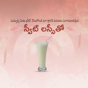 A glass of sweet lassi with a pink and white background.