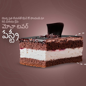 A close-up of a decadent chocolate cake slice with layers of chocolate sponge, cream, and a glossy chocolate glaze.