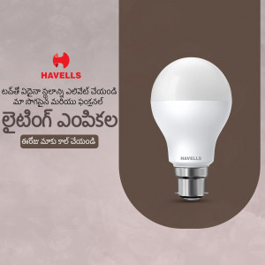 Havells LED bulb with Telugu text promoting energy efficiency.