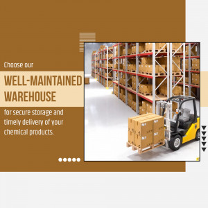 Well-maintained warehouse with forklift and stacked boxes for chemical product storage.