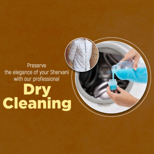 Image of dry cleaning liquid being poured into a washing machine with a Sherwani fabric sample, promoting professional dry cleaning.