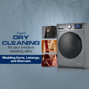 Samsung washing machine with images of wedding attire, promoting dry cleaning feature.