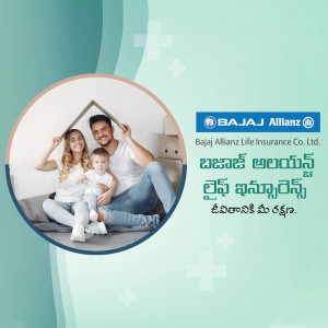 Family sitting on a couch with a house outline above them, promoting Bajaj Allianz Life Insurance.