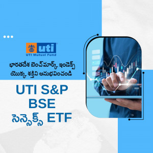 UTI S&P BSE ETF advertisement with a person holding a phone displaying stock market data.