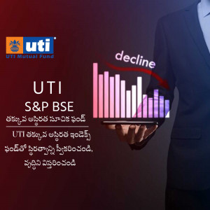 Image depicting a declining stock market graph held in a hand, with UTI Mutual Fund branding.