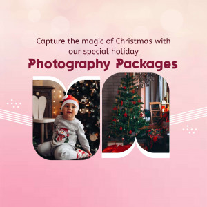 Christmas photography packages advertisement with a baby in a Santa hat and a decorated Christmas tree.