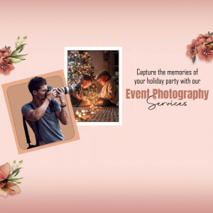 Advertisement for event photography services featuring a photographer and a family celebrating the holidays.