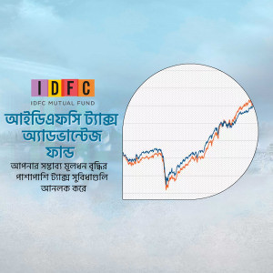 IDFC Mutual Fund advertisement showing investment growth chart in Bengali