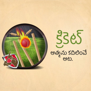 Illustration of a cricket ball on fire with wickets and text in Telugu