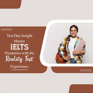 Young woman with books promoting IELTS test preparation