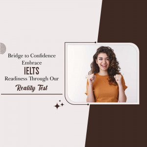 Woman smiling and pointing upwards with IELTS test promotion