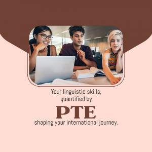 Three students studying with a laptop, promoting PTE exam.