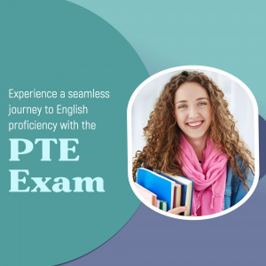 Young woman holding books promoting the PTE Exam