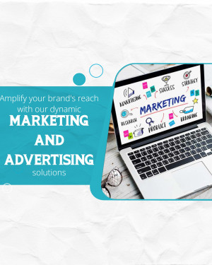 Laptop displaying marketing concepts with text overlay promoting marketing and advertising solutions.