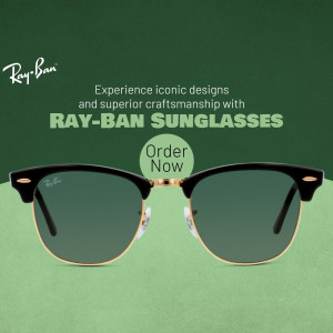 Ray-Ban sunglasses with a green background and 'Order Now' button.
