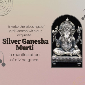 Silver Ganesha idol on a dark background with text promoting its divine grace.